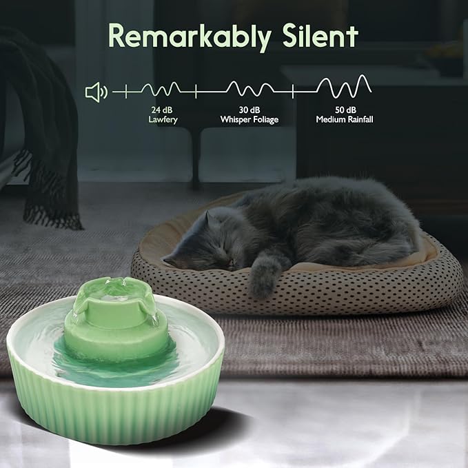 Ceramic Cat Water Fountain, 2.1L/71oz Cat Fountain with 3 Carbon Filters and 2 Water Pumps, Cupcake Pet Water Fountain for Cats and Dogs (Green)