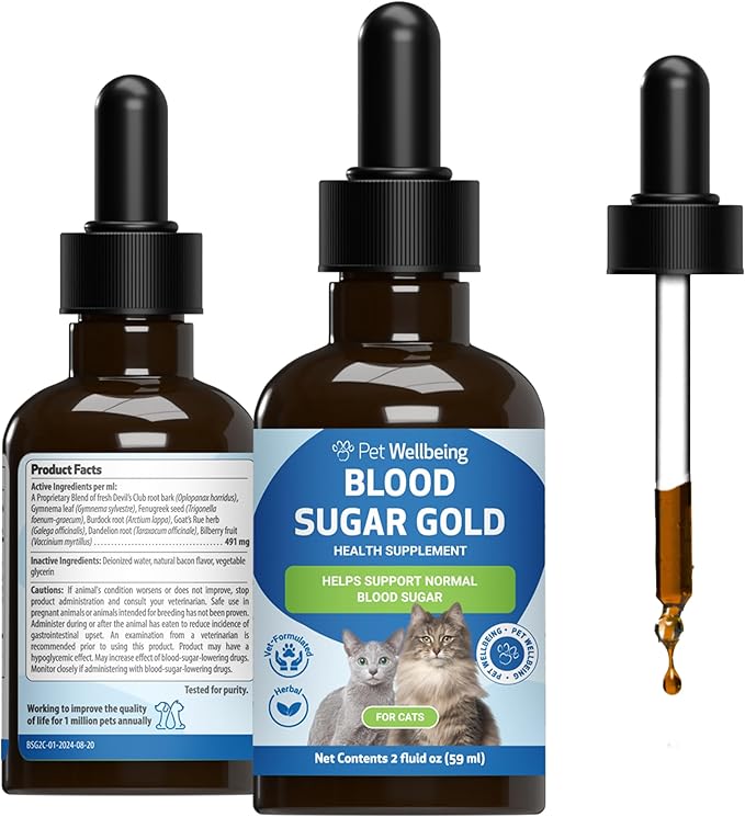 Pet Wellbeing Blood Sugar Gold for Cats - Holistic Support for Healthy Blood Sugar Levels, Insulin Stabilization & Normal Pancreatic Function - NASC Certified & Vet-Formulated - 2 oz Liquid
