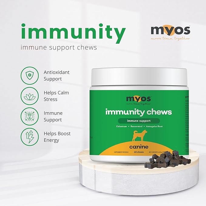 MYOS Immunity Chew for Dogs - Immune System Support, Antioxidants, Helps Cellular Health & Vitality- with Colostrum, Resveratrol, Astragalus Root, and Mushrooms- Daily Chewable Supplement