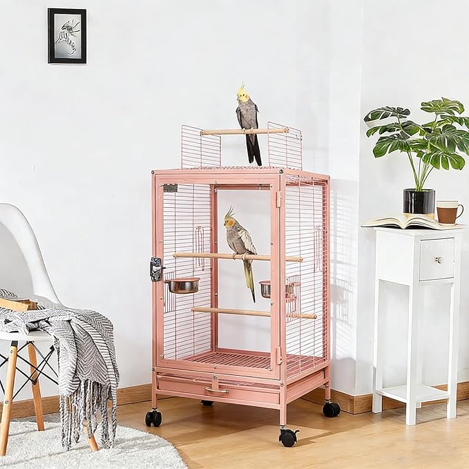 xixi-home Parrot Cage,Metal Bird Cage Ornamental Cage -with Play Top and Wheel,Large Birdcage Flight Cages for Outdoors for Parakeet,Lovebirds,Cockatiels(Type C - Pink)