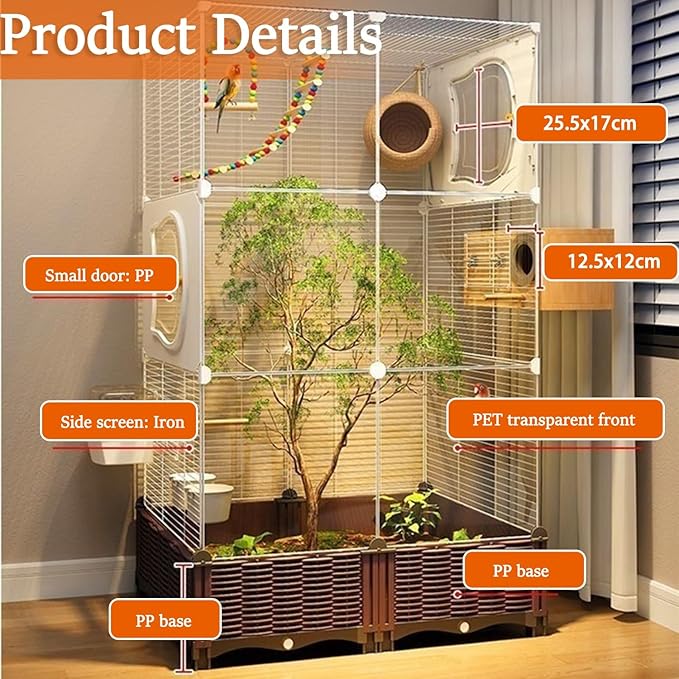 48.8-inch Home Acrylic Large Bird Cage, Parakeet Parrot Cage Birdcages Canary Bird Cages with Plant Box, Horizontal Wire Mesh, White, 29.1''Wx14.6''Dx48.8''H