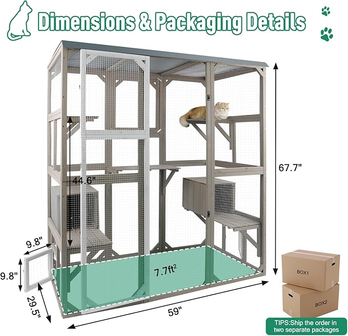 PetsCosset Outdoor Cat Catio Enclosures Large Wooden Cat House Patio for Indoor Cats Feral Cat Shelter with 2 Espace Doors, 2 Resting Rooms, 5 Platforms, Removable Waterproof Cover 67.7" H