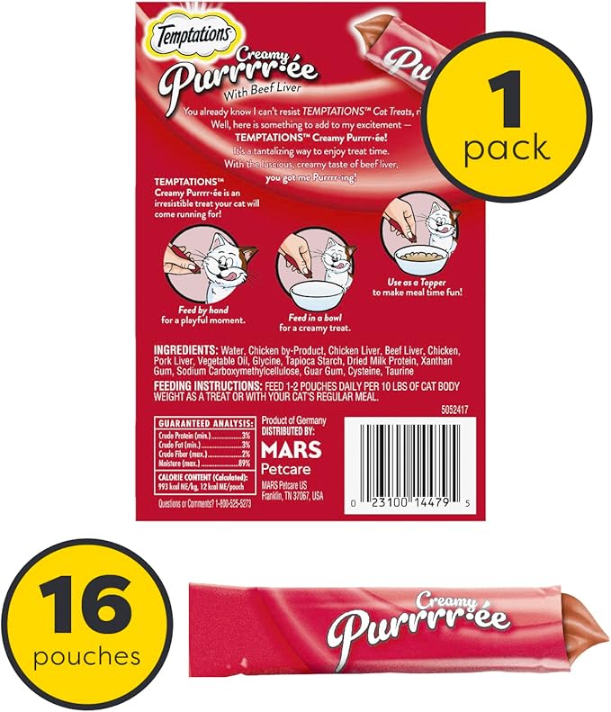 Temptations Creamy Puree Squeezable Lickable Cat Treats, Wet Cat Treats with Beef Liver, 0.42 oz. Tubes, 16 Count