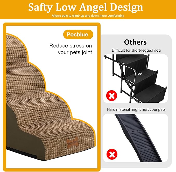 Dog Stairs for Small Dogs, Wide Pet Step with Removable Cover, No Assembly High Density Foam Cat Ramp for Bed or Sofa, 5-Step, Light Brown
