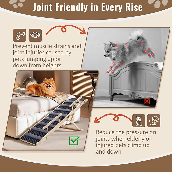 Pawaboo Dog Ramp for Small Dog, 57'' Foldable Dog Ramp for Bed, 5 Adjustable Height from 19.7'' to 30'', Portable Stable Pet Steps with Dogs Tag & Safety Side Rails, Pet Ramps for Bed Couch