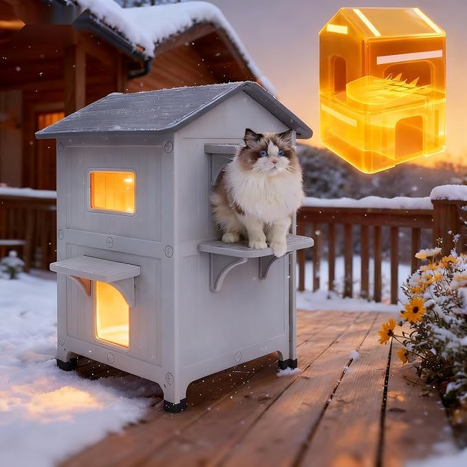 Weatherproof Outdoor Cat House with Insulated Liner for Feral Multi Cats, 2 Storey Insulated Elevated Cat Shelter with Escape Door, Easy Assemble, Expansive Interior‌, Grey 34" D x 21" W x 21.5" H