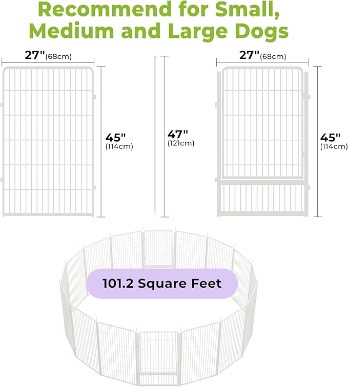 SunsGrove Dog Play Pen Indoors, 45 Inch 16 Panels Dog Playpen for Large Dogs, Easy Setup Anti-Rust Pet Fence, White