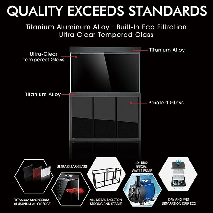 165 Gallon Glass Aquarium with Aluminum Cabinet - Including Sump for Filtration and Circulation, Plumbing, LED, Silver