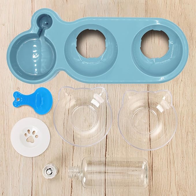 Sky Blue Triple Cat Bowls with 15 Tilt, 3-in-1 Automatic Water & Food Feeder, Whisker-Friendly Elevated Dishes for Small Cats & Puppies