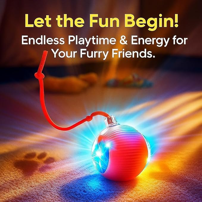 Interactive Electric Automatic Rolling Moving USB Rechargeable Self Activated Play Stimulation Toy Smart Chase Teaser Ball with Speedy Tail Rope for Bored Adult Indoor Cats and Dogs, Red Color