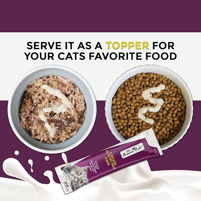 Fussie Cat Super Premium Chicken in Goat Milk Puree, lickable cat Treats, 0.5oz Pouch Pack of 4