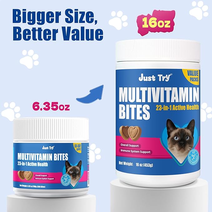 Just Try Comprehensive Multivitamin for Cats Value Packs - with Fish Oil, Taurine, L-Lysine, Biotin, Vitamins A, D3, E, B Complex, Calcium & Minerals - Supports Skin & Coat, Heart, Eyes, Joints Health