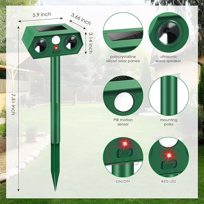 Solar Ultrasonic Animal Repeller Outdoor Cat Deer Repellent Devices, Animal Deterrent Control for Rabbit Raccoon Dog Squirrel Coyote Skunk Repellent for Yard Garden Farm,4 Pack ﻿