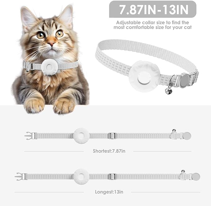 Cat Tracker, GPS Tracker Compatible with Apple Find My App(Only iOS), Waterproof Cat Tracker Collar with Bell and Safety Elastic Buckle, No Subscription, Territory & Location History (White)