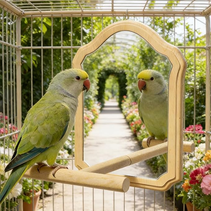 Mirror with Perch for Parrots, Wooden Standing Bird Mirror Toy Chewing Perch with Reflective Mirror for Cockatiel, Lovebird, Parakeet, Bird Cage Accessories ﻿ (Small Mirror 15cm)