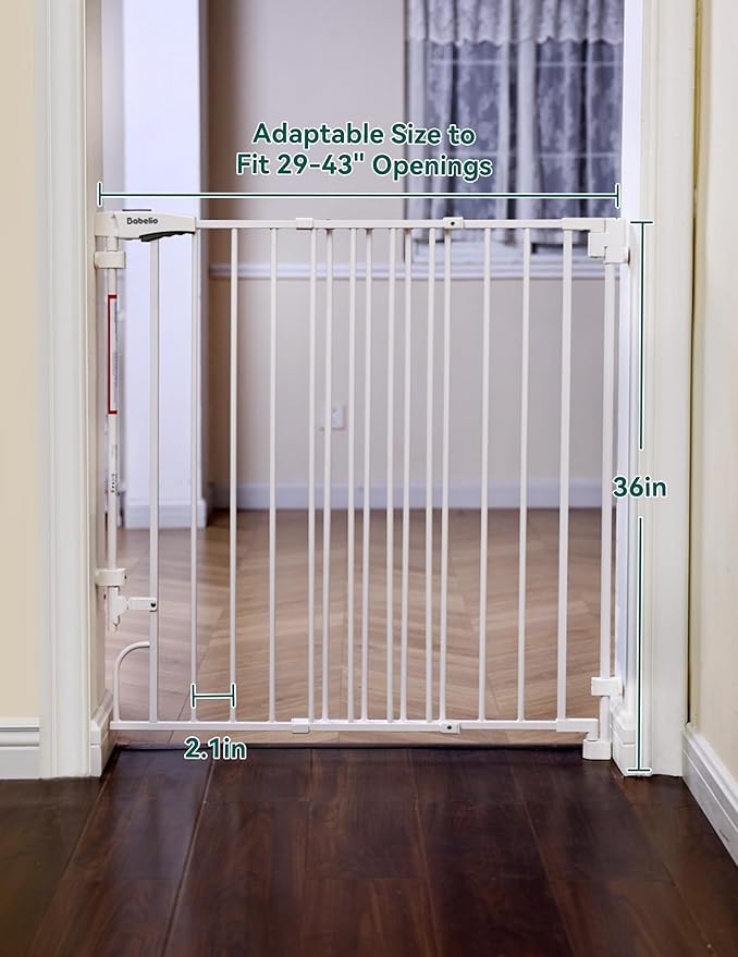 Babelio Removable & No Bottom Bar Baby Gate, 29-43", 36" H Extra Tall Hardware Mounted (Drill Needed)| Wide Walk-Thru| Auto-Close Safety Dog/Pet Gate for Stairs & Doorways (White)