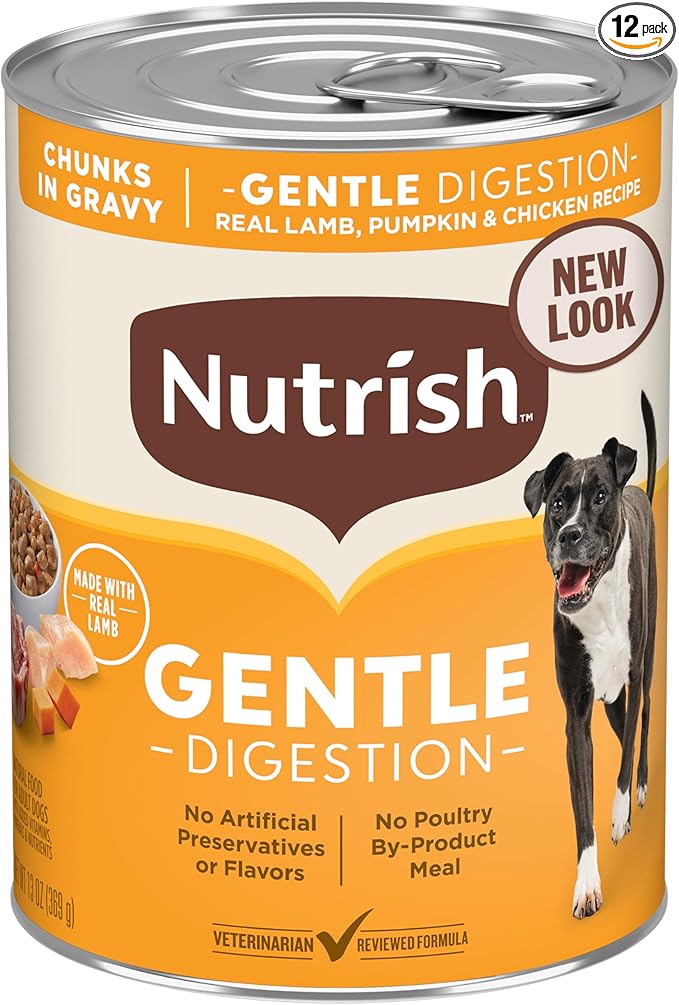 Nutrish Gentle Digestion Real Lamb, Pumpkin & Chicken Recipe Chunks in Gravy Wet Dog Food, 13 oz. Can, 12 Count (Rachael Ray)