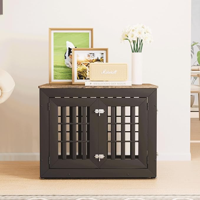 32" Heavy Duty Dog Crate Furniture for Small,Medium and Large Dogs,Rustic Wooden Dog Cage Kennel Indoor Furniture with Waterproof Top,Decorative Pet House Side End Table (Black & Wood)