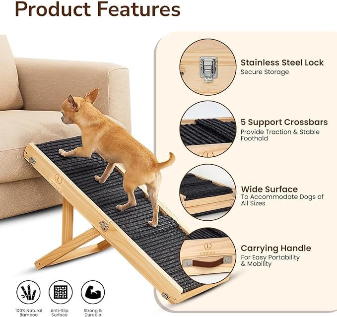 Adjustable Dog Ramp 40.5" Length, 5 Heights 10–24 Inches, Foldable Pet Ramp for Bed & Couch, Solid Wood, Non-Slip Carpet, Portable