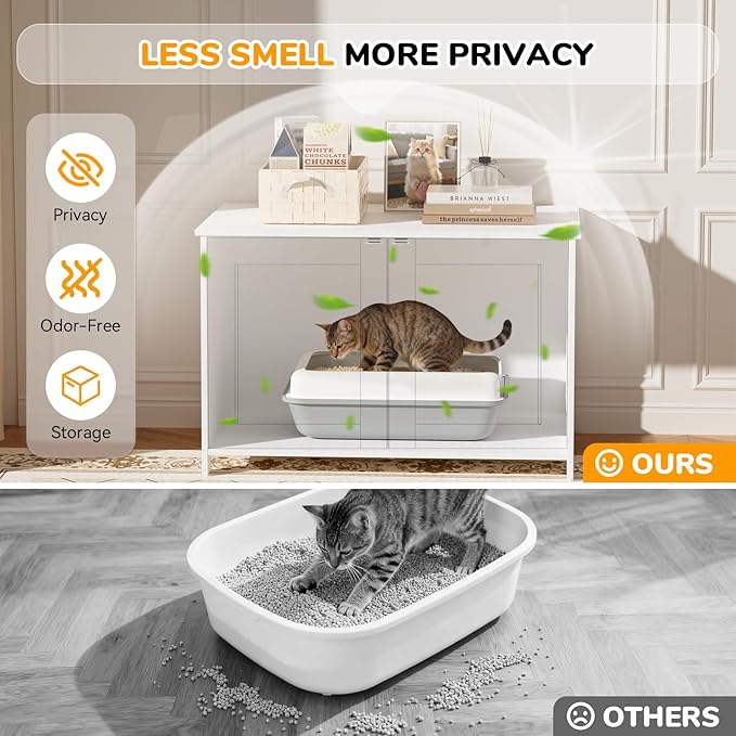 Cat Litter Box Enclosure Furniture Dog Proof, Hidden Kitty Washroom Cabinet Low Entry, Wooden Cat Boxes Enclosure Odor Control for Home, Farmhouse Style Decorative TV Stand with Storage, White