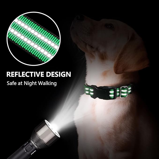 Hikiko Martingale Dog Collars Reflective Nylon Dog Collar with Quick Release Buckle Adjustable Training No Slip Dog Collar (Medium, Green)