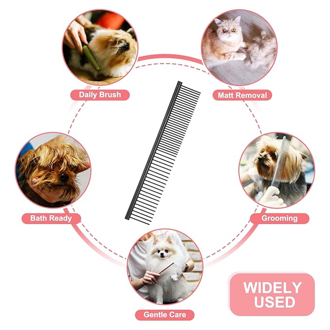 Dog Cat Comb, Pet Combs Stainless Steel Teeth with Rounded Ends for Knots Mats Loose Hair Removal, 6.5IN (Black Coated, 3 Pack), Grooming Tool Intended for Long Curly Hair Pet