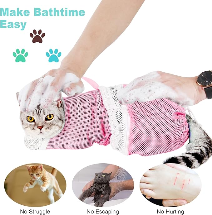 Cat Bathing Bag Adjustable Cat Grooming Net Bag Anti-bite & Anti-Scratch Cat Bath Washing Restraint Bag, Breathable Mesh Cat Grooming Bag for Shower, Nail Trimming, Injection (A-Pink)