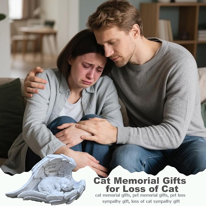 VEEKI Cat Memorial Gifts for Loss of Cat, Peaceful Sleeping Solar Angel Cat Statue Outdoor Waterproof, Resin Cat Figurine Pet Memorial Stone for Garden Grave Markers, Loss of Pet Sympathy Gift (Cat)