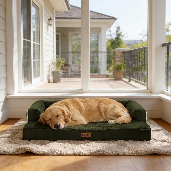 Orthopedic Dog Beds for Large Sized Dogs, Waterproof Egg Crate Foam Medium Dog Couch Beds for Crate 35x22Inch, Washable Pet Beds with Removable Cover and Nonskid Bottom, Olive Green