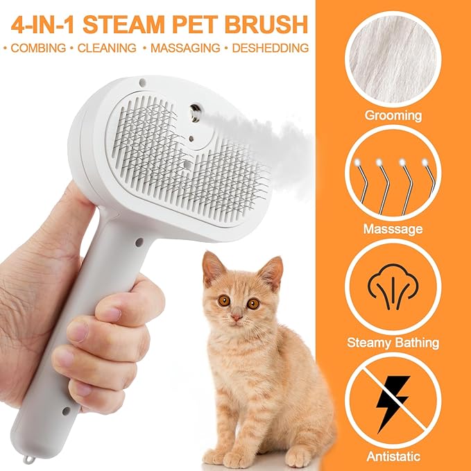 Pet Steam Brush for Dogs, 4 in 1 Cat Steam Brush for Long Short Haired, Self Cleaning Brush for Shedding, Metal Pet Misting Hair Comb with Handle for Grooming Kitten Dog(White)