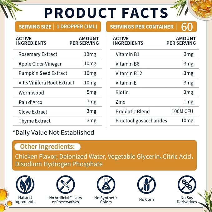 Flea and Tick Prevention for Cats and Dogs, Natural Flea & Tick Supplement with Probiotics Multivitamin, Flea Herbal Drops Supports Healthy Skin Coat & Digestion - All Breeds and Ages - Chicken