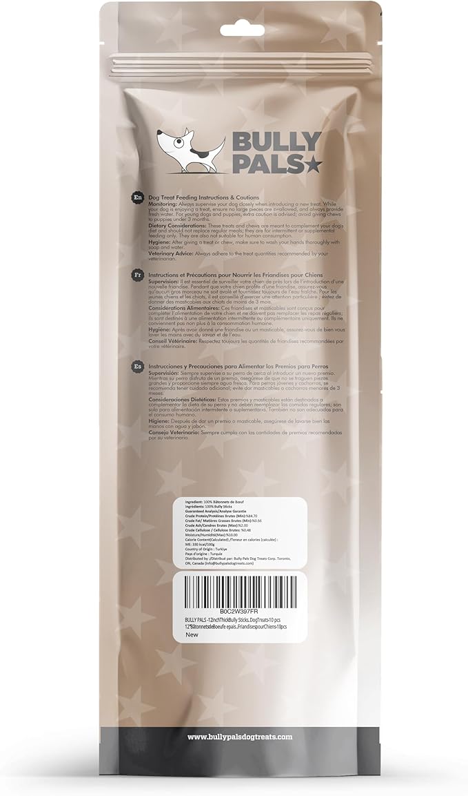 12 inch Thick Bully Sticks for Medium to Large Dogs - 10 Pack - Long Lasting, All Natural, Single Ingredient, Easily Digestible, Beef Dog Treats and Rawhide Free Dental Chews for Dogs