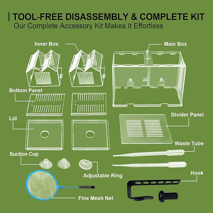 Dual-Chamber Aquarium Fish Breeder & Isolation Box, Transparent Hatching Incubator Tank with Suction Cups & Hook, Nursery for Livebearer Guppy Fry Breeding and Betta Fish, Shrimp Quarantine
