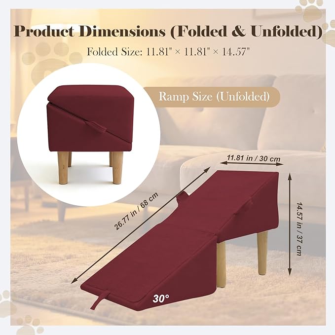 Split Ottoman Dog Ramp for Couch and Low Bed, 2-in-1 Foldable Dog Stairs for Small Dogs and Cats, Wooden Pet Ramp with Non-Slip Surface, Portable Step Stool Design, Claret