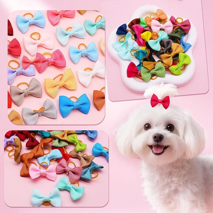 100Pcs(60 Colors) Pure Color Dog Bows with Rubber Bands Small Handmade Topknot Hair Bows for Doggie Puppy Cat Bunny Yorkie Pet Hair Grooming Accessories