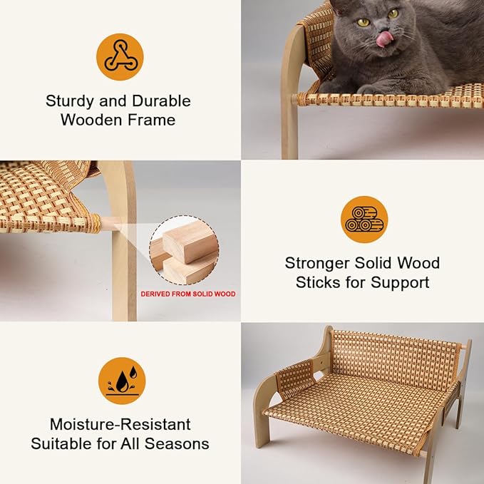 2 in 1 Large Woven Rattan Cat Couch Bed with 19x 14'' Removable Plush Pad Mat, Pet Sofa for Indoor Elevated Cat Beds Suitable for Kitty, Puppy or Small Animal (Supports 33 lbs)