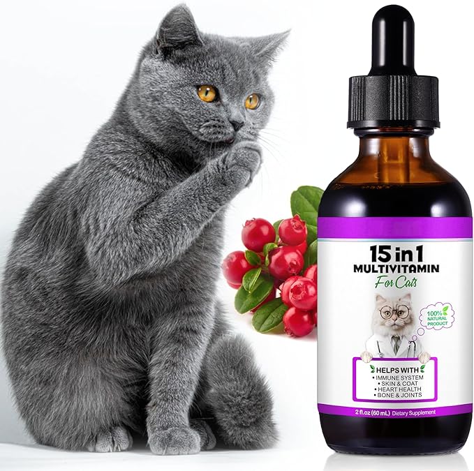 Cat Multivitamin Drops - 15 in 1 Vitamin Supplement for Immune Support, Heart, Bones, Joint, Skin & Coat Health, Bacon Flavor Vitamins for Senior Cats & Kittens (1 Pack, for cat)