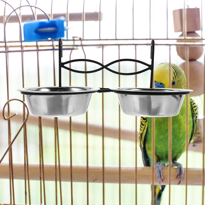 Cabilock Parrot Feeder Cup and Bird Food Holder Hanging Bowl with Clamp Stainless Steel Small 11cm Diameter for Cage Feeding and Watering Supplies