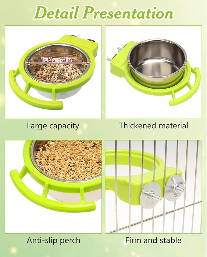 BNOSDM 2 PCS Bird Feeding Dish Cups Perch Stand Hanging Stainless Steel Bird Bowls Food Container Food and Water Bowls with Spoon for Budgie Cockatoo Finch Lovebirds Pigeons (White)