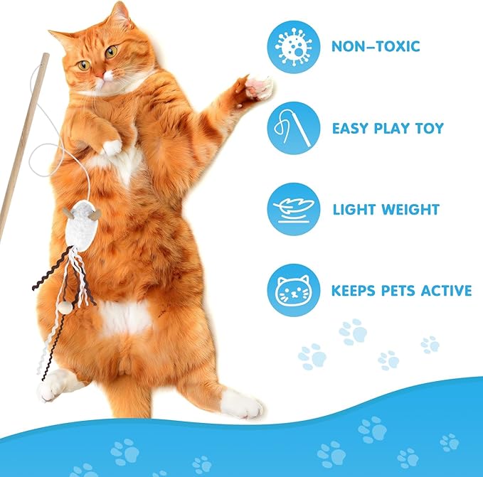 NOWFRESH Cat Wand Toy Set, 2 PCS Interactive Cat Teaser Wands with Cute Paper Balls & Paper Circles Designs, Equipped with Bells and Streamers to Captivate Your Cat’s Attention