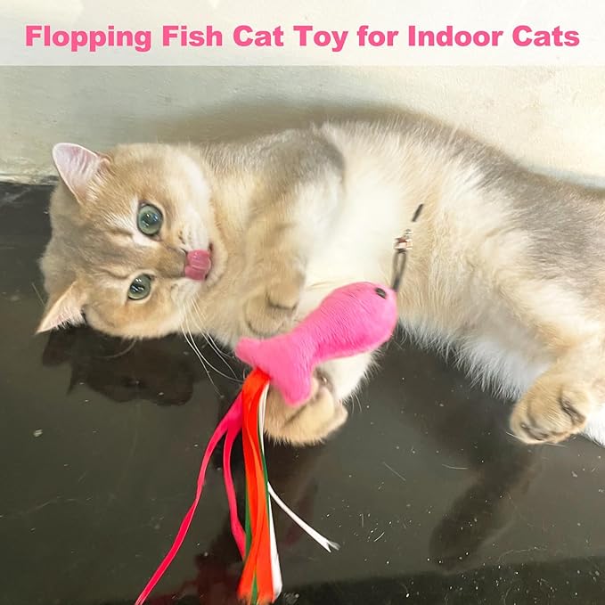 Cat Toys Catnip, 5PCS Floppy Fish Cat Toy Filled Soft Plush, Pink Flopping Fish Chew Kitten Toys, Catnip Wand Toy Attachment with Ribbons, Interactive Cat Toys for Indoor Cats Kitten Play Chew