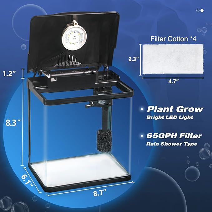Small Fish Tank, 2 Gallon Glass Aquarium, Betta Fish Shrimp Goldfish Tropical Fish Starter Kit Self Cleaning with Filter & LED Plant Light, Ultra-Quiet Kids Room Decoration Fish Tank