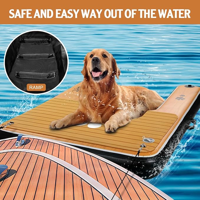 FBSPORT Inflatable Dog Boat Ramp Floating Dock Water Ladder for Pool, Boat, Non-Slip EVA Floating Ladder Pool Ramp for Dog Up to 220 LBs, Safe & Easy Access