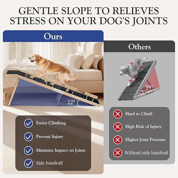 Easyego Foldable Dog Ramp for Bed and Couch, 74" Wood Pet Ramp with Side Rails and High Traction Carpet, 22° Gentle Long Slope, Top Landing Platform, Supports up to 200 LBS for Senior Dogs - Natural