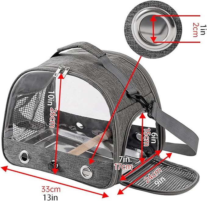 Portable Bird Cage Bird Carriers Foldable Panoramic View with Perch Removable Tray for Parrot Hamster Hedgehog Rabbit Sugar Glider (Grey)