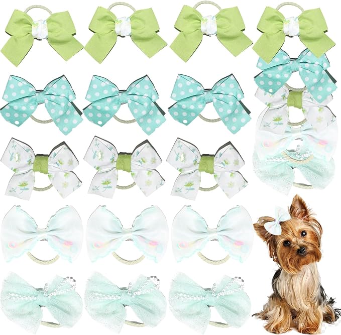 Small Dog Hair Bows, 20 Pack Handmade Bowknot Set, Green and Mint Mix Styles for Yorkie Grooming