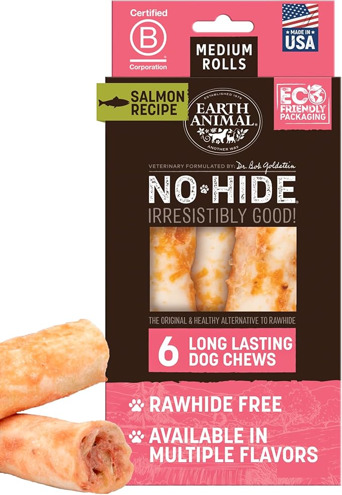 Earth Animal No Hide Chews - Long Lasting Rawhide Free Medium Dog Chews Rolls, Salmon - 6 Count