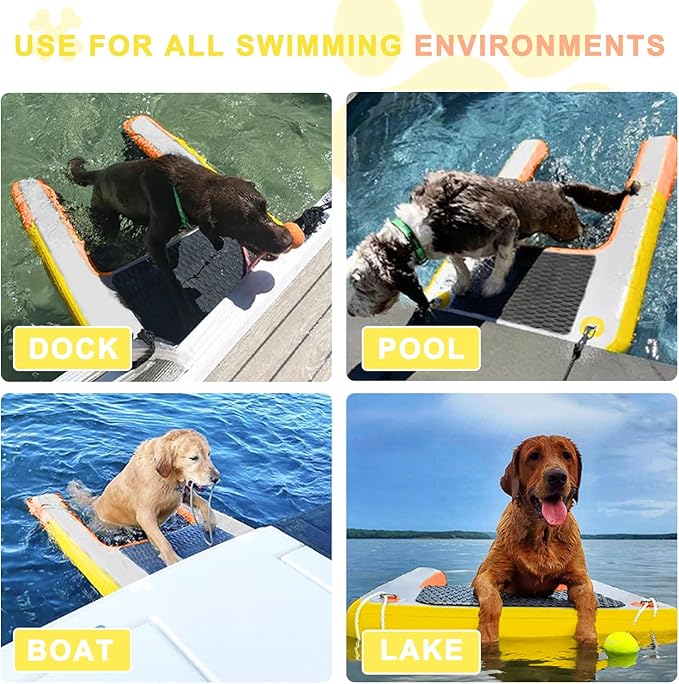 Inflatable Dog Water Ramp, Non-Slip Floating Dock Ladder for Pools, Boats & Lakes, Pool Ramp for Dogs Up to 200 Pounds, Orange Yellow