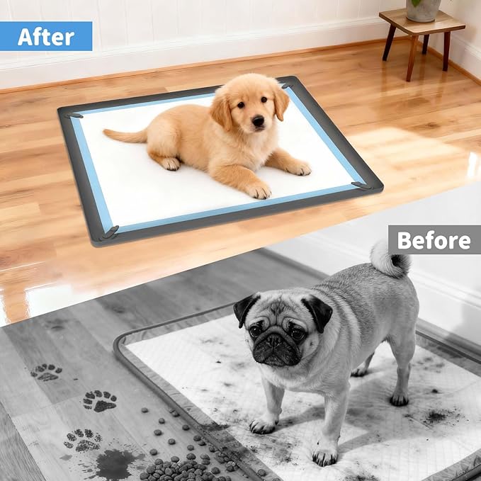 ALOOF Silicone Dog Pee Pad Holder 24x24 in, Puppy Potty Training Tray with Magnetic Snaps & Raised Edges, Non-Slip Floor Protector, Gray