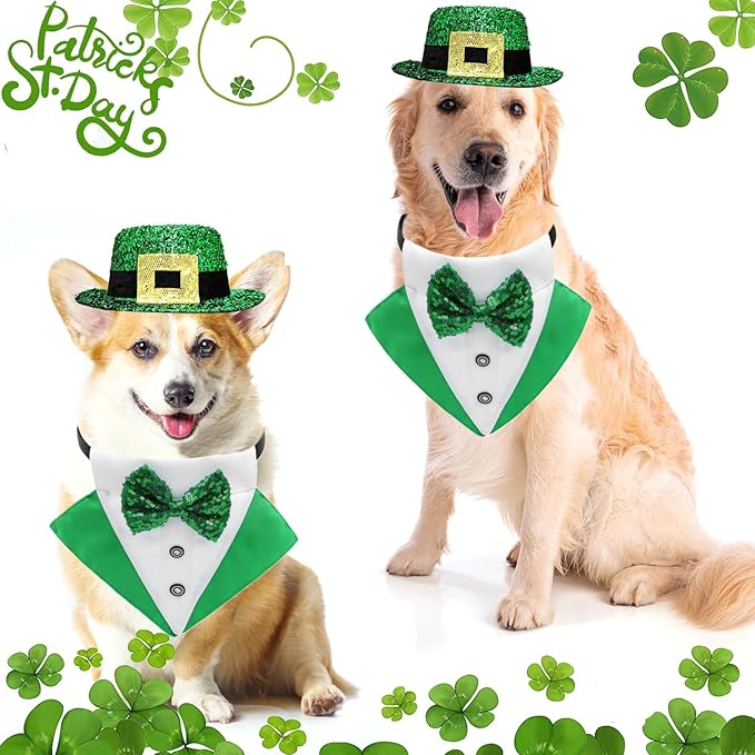 2 PCS St. Patrick's Day Costume Dog Bandana Collar and Pet Top Hat Buckle Green Dog Bow Tie Formal Tux Clothes with D-Ring Irish Tuxedo Saint Patrick Outfits for Dogs Puppy Cat Party Dress (Medium)